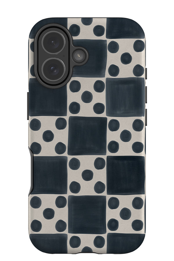 Soft marker dot check tough phone case with a blue checkered pattern and blue dots