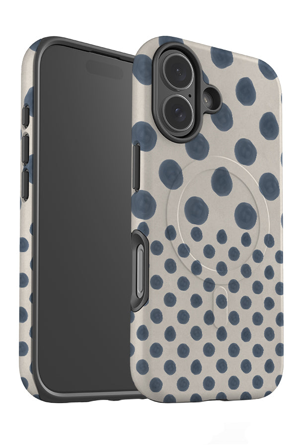 Soft marker mixed dot MagSafe phone case angle with a mixed size polka dot pattern blue and beige
