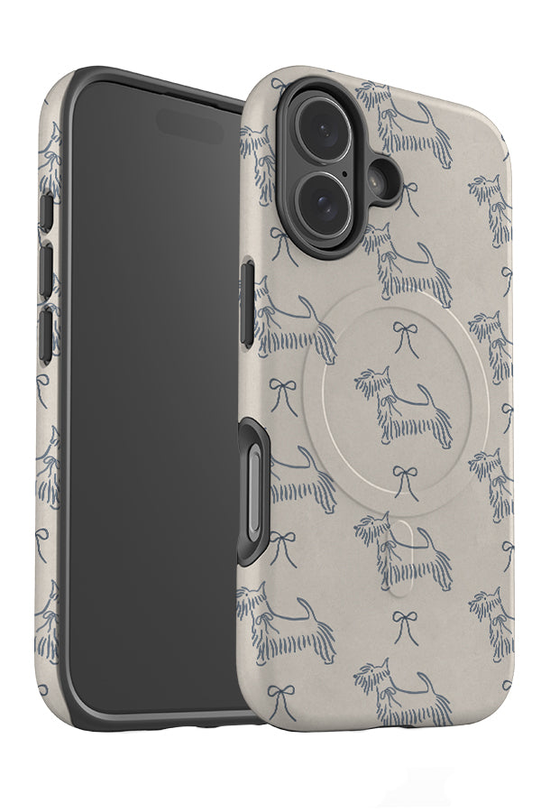 soft marker scottie dog bow MagSafe phone case angle with a beige base colour and blue scottish terrier dog and bow illustrations
