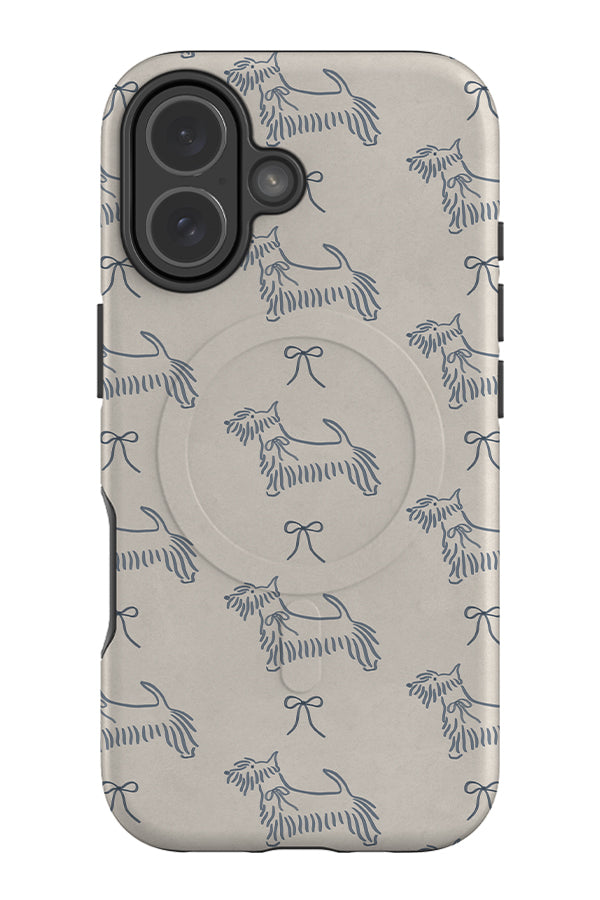 soft marker scottie dog bow MagSafe phone case with a beige base colour and blue scottish terrier dog and bow illustrations