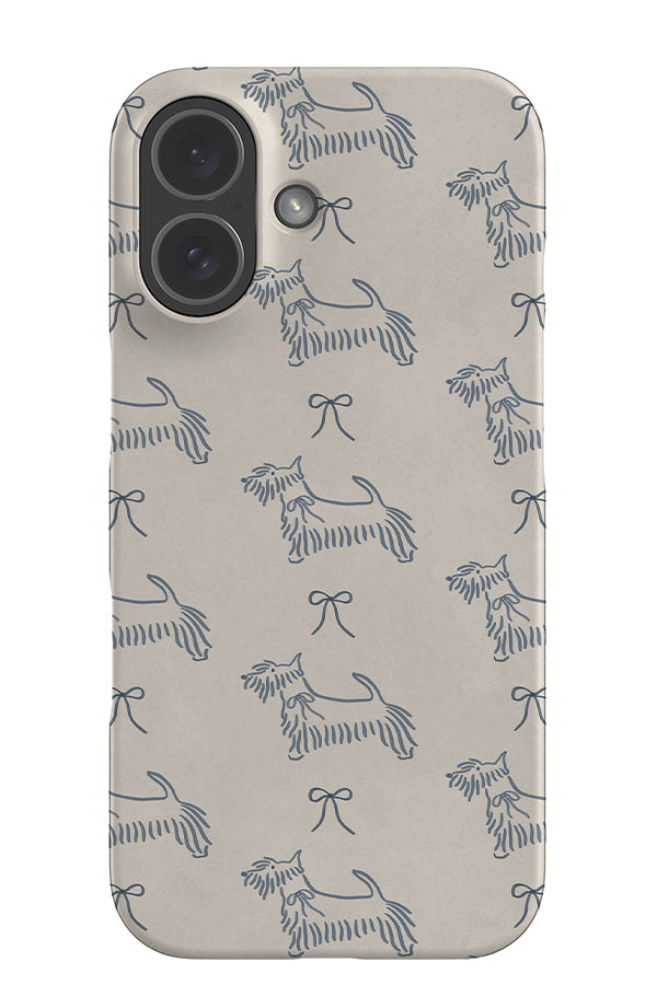 soft marker scottie dog bow snap phone case with a beige base colour and blue scottish terrier dog and bow illustrations