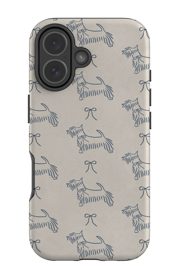 soft marker scottie dog bow tough phone case with a beige base colour and blue scottish terrier dog and bow illustrations