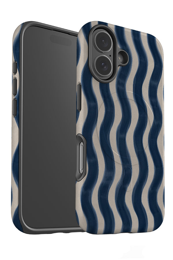soft marker wave stripe MagSafe phone case angled with a blue and beige wavy linear pattern