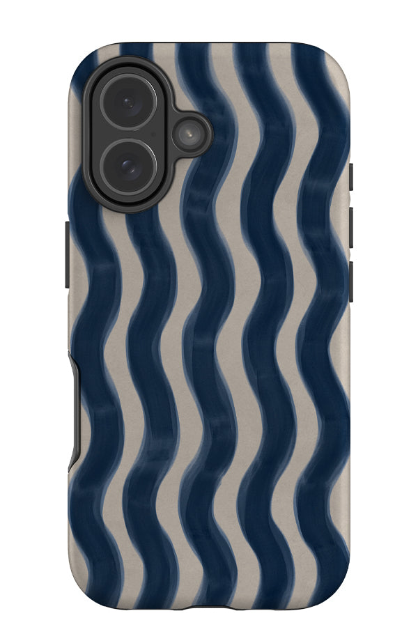 soft marker wave stripe tough phone case with a blue and beige wavy linear pattern