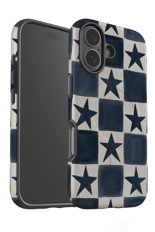 Soft star check MagSafe phone case angle detail with hand painted blue and beige checks and stars