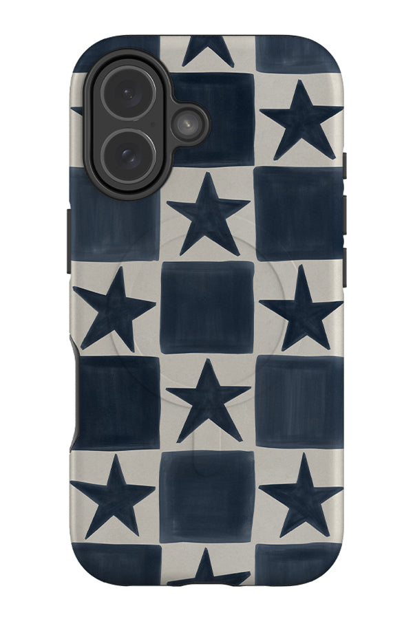 Soft star check MagSafe phone case with hand painted blue and beige checks and stars