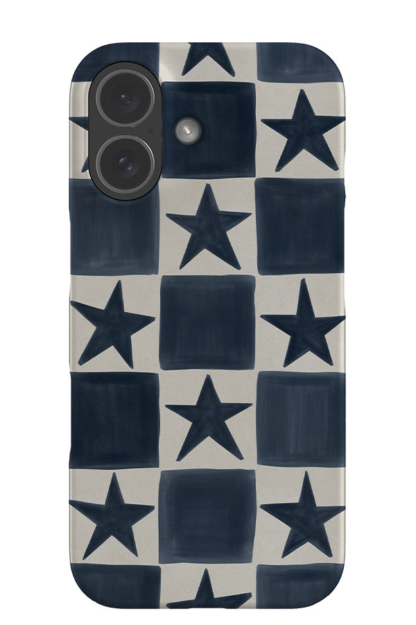 Soft star check snap phone case in hand drawn blue and white checks with stars