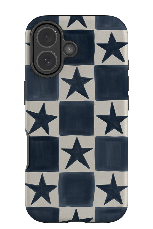 Soft star check tough phone case in hand drawn blue and white checks with stars