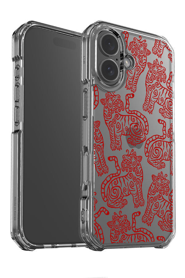 Soft tiger clear impact phone case angle detail with red, patterned tiger illustrations
