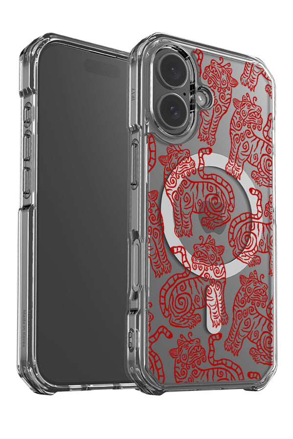 Soft tiger clear impact MagSafe phone case angle detail with red, patterned tiger illustrations