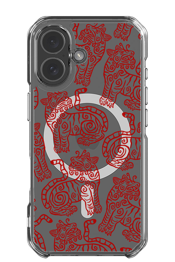 Soft tiger clear impact MagSafe phone case with red, patterned tiger illustrations