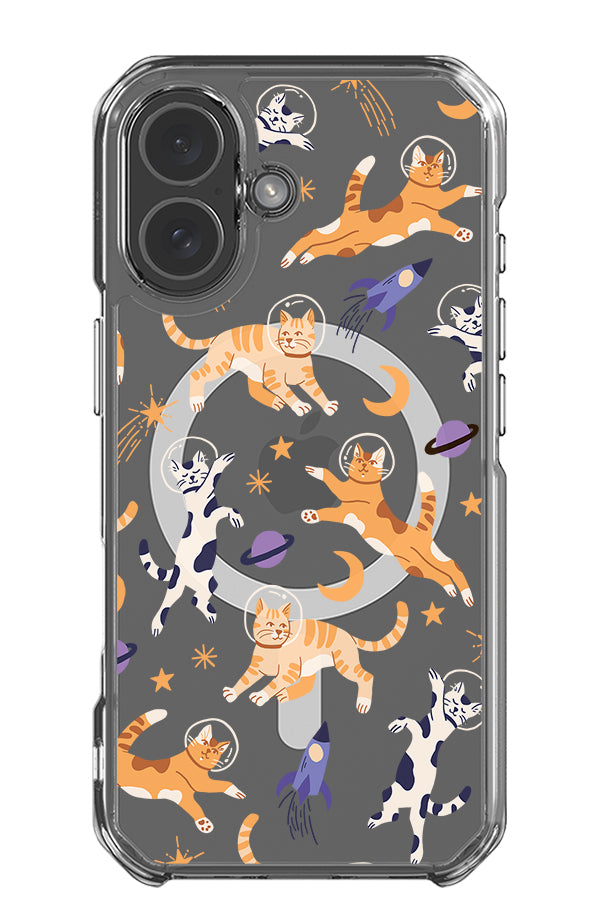 Space cats clear impact MagSafe phone case with bold colourful astronaut cats with space elements