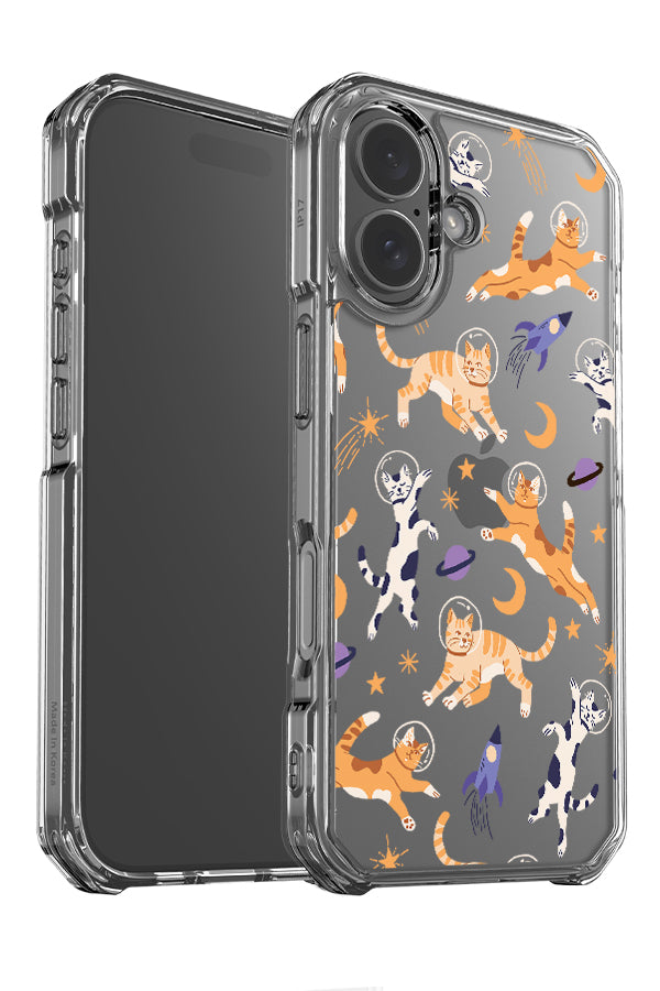 Space cats clear impact phone case angle detail with bold colourful astronaut cats with space elements