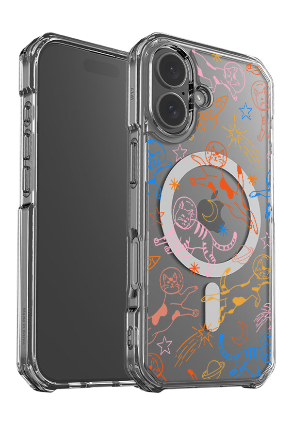 Space cat line art clear impact MagSafe phone case angle detail with multicolour cat illustrations with stars and space elements