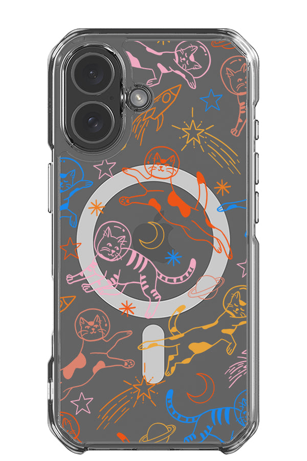 Space cat line art clear impact MagSafe phone case with multicolour cat illustrations with stars and space elements