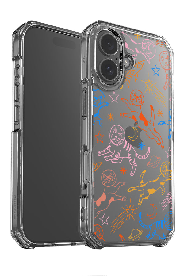 Space cat line art clear impact phone case angle detail with multicolour cat illustrations with stars and space elements