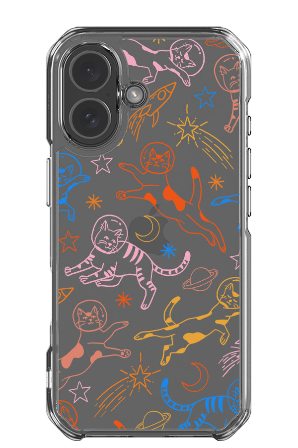 Space cat line art clear impact phone case with multicolour cat illustrations with stars and space elements