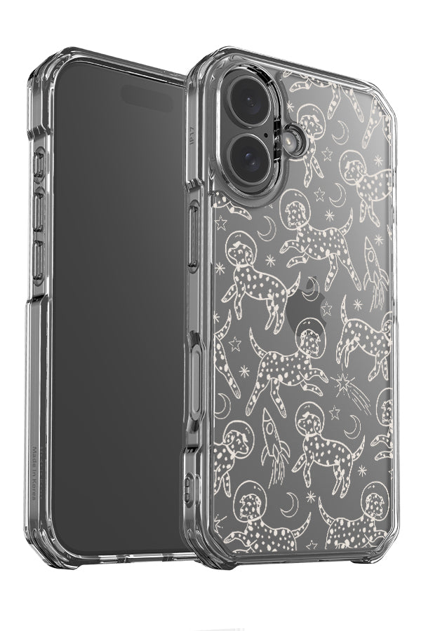 Space dogs clear impact phone case angle detail with beige line art illustrations of astronaut dogs and space themed elements