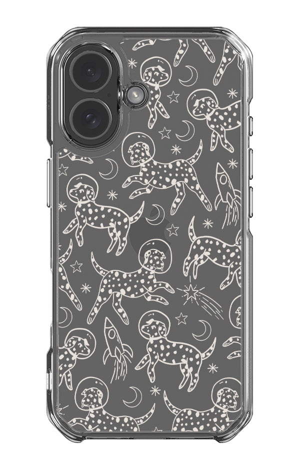 Space dogs clear impact phone case with beige line art illustrations of astronaut dogs and space themed elements