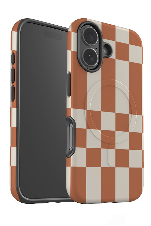 stacked check MagSafe phone case angle detail with varying size checks in light brown and beige