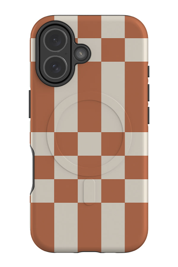 stacked check MagSafe phone case with varying size checks in light brown and beige