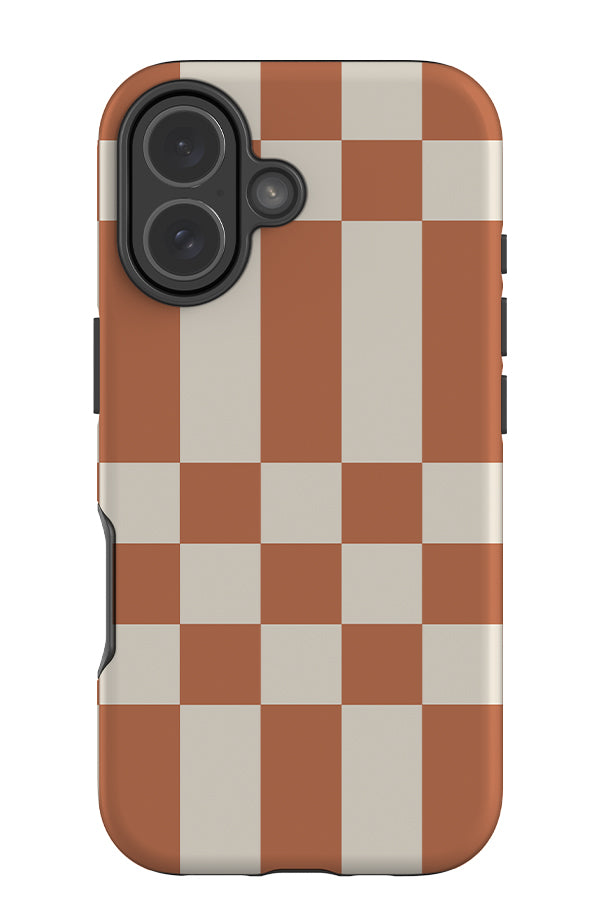 stacked check tough phone case with varying size checks in light brown and beige