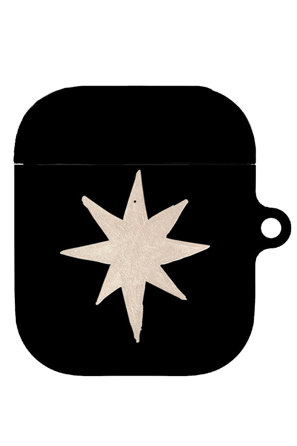 statement starburst airpod gen 1 + 2 case with a black base and a single large beige hand drawn star 