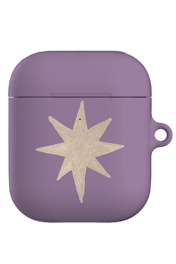 statement starburst airpod gen 1 + 2 case with a purple base and a single large beige hand drawn star 