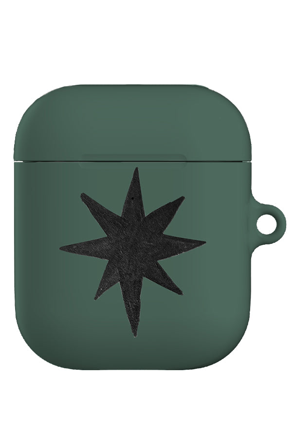statement starburst airpod gen 1 + 2 case with a dark green  base and a single large black hand drawn star 