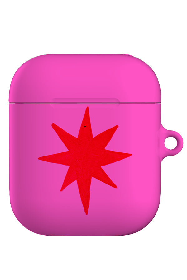 statement starburst airpod gen 1 + 2 case with a bright pink base and a single large dark pink hand drawn star 