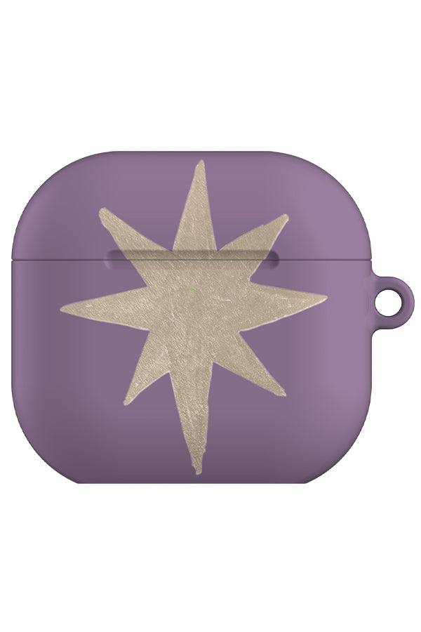 statement starburst airpod gen 4 case with a purple base and a single large beige hand drawn star 