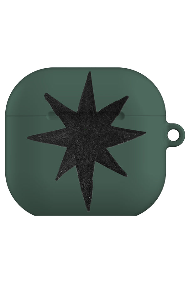 statement starburst airpod gen 4 case with a dark green  base and a single large black hand drawn star 
