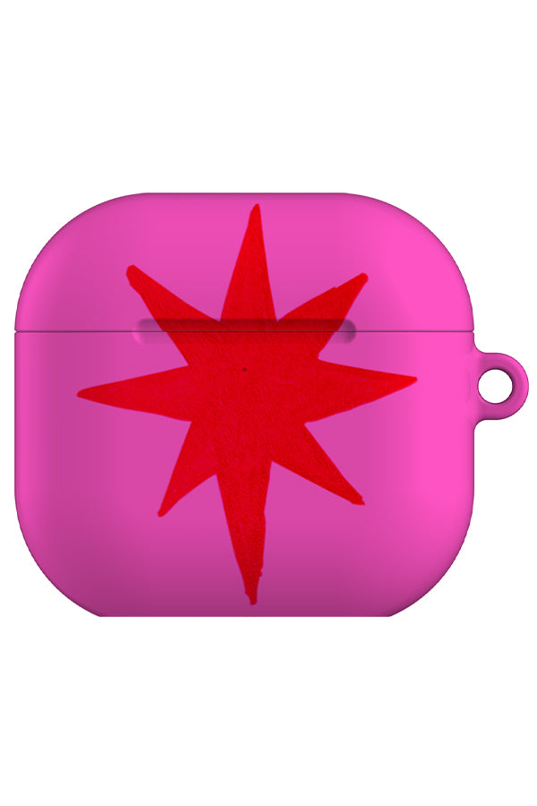 statement starburst airpod gen 4 case with a bright pink base and a single large dark pink hand drawn star 