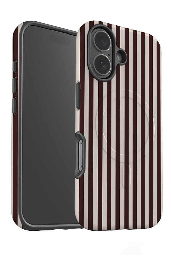 steady line stripe MagSafe phone case angle detail with dark brown and beige vertical stripes