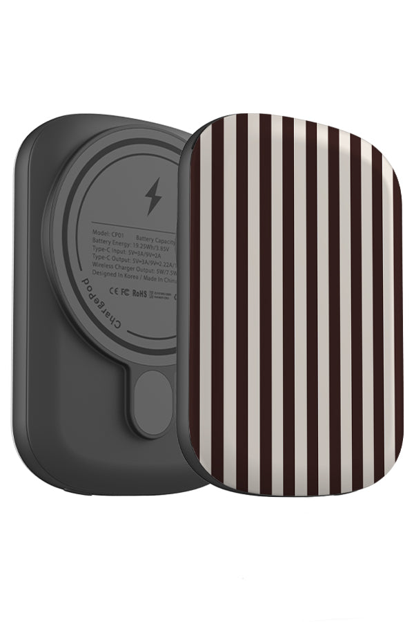 steady line stripe MagSafe ChargePod power bank angle view with dark brown and beige vertical stripes