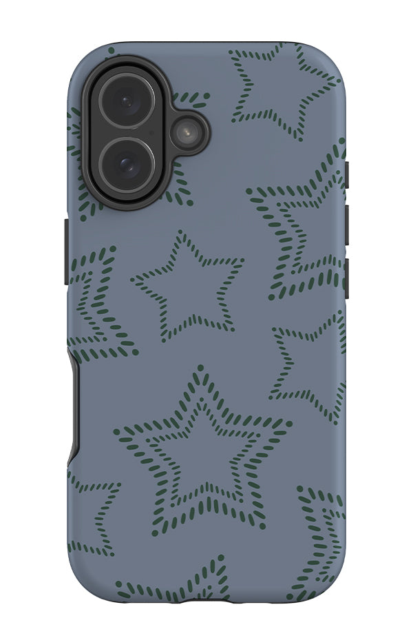 stich star tough phone case with green star outlines on a blue background