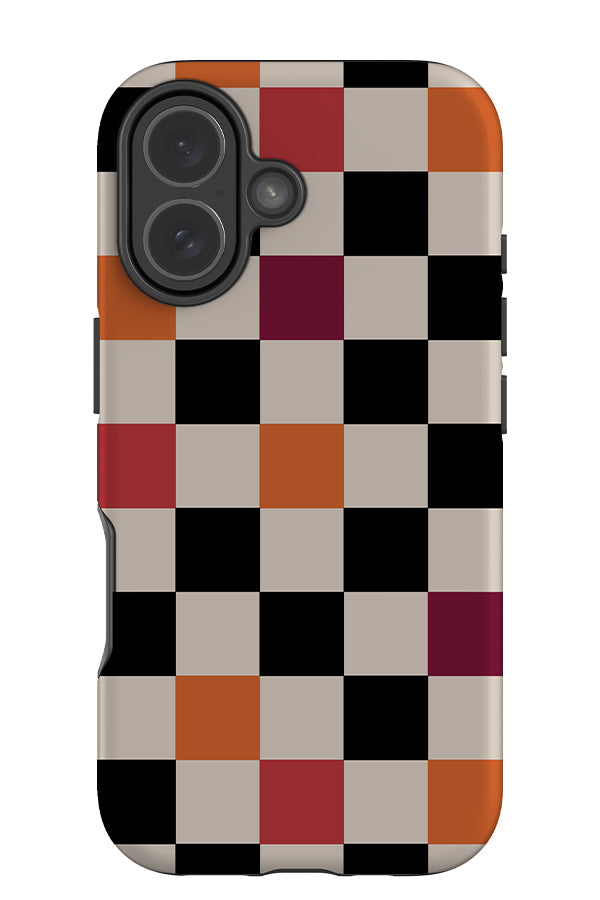 Still check tough phone case with a clean check pattern in black, orange, red and beige