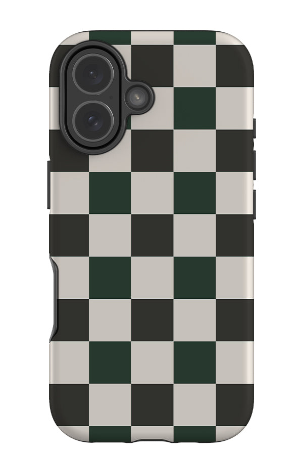 Still check tough phone case with a clean check pattern in black, white and green