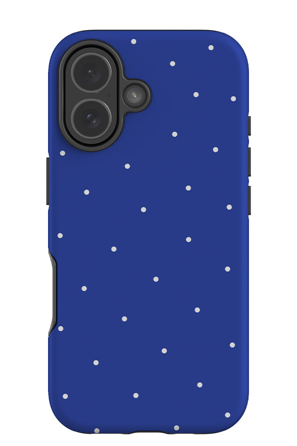 Still dots tough phone case with a blue base colour and white small scattered dots