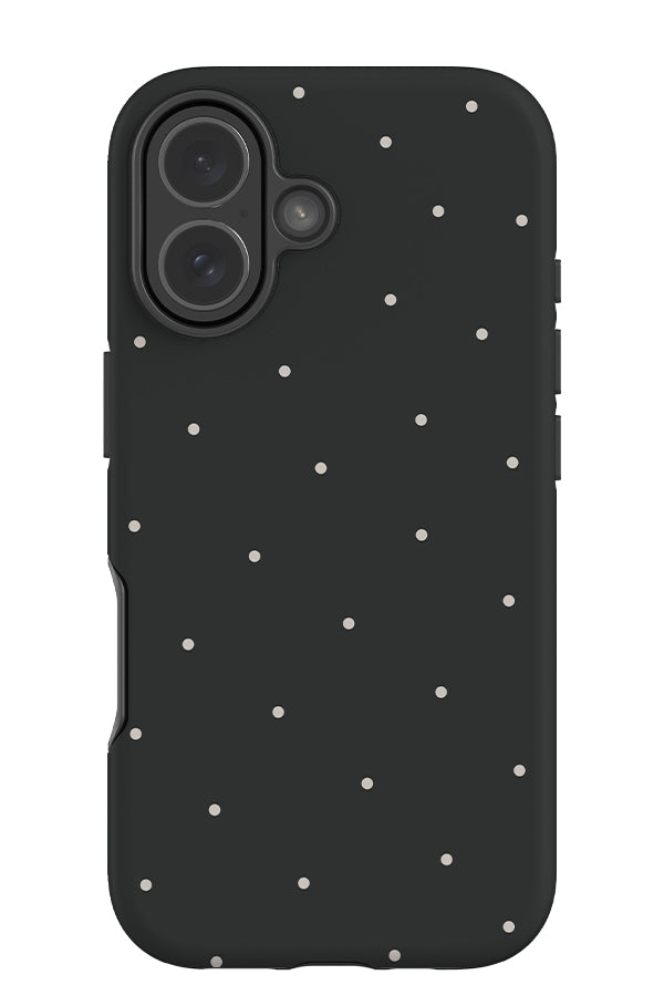 Still dots tough phone case with a dark grey base colour and white small scattered dots
