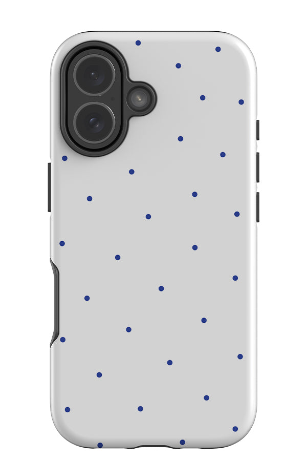 Still dots tough phone case with a white base colour and blue small scattered dots