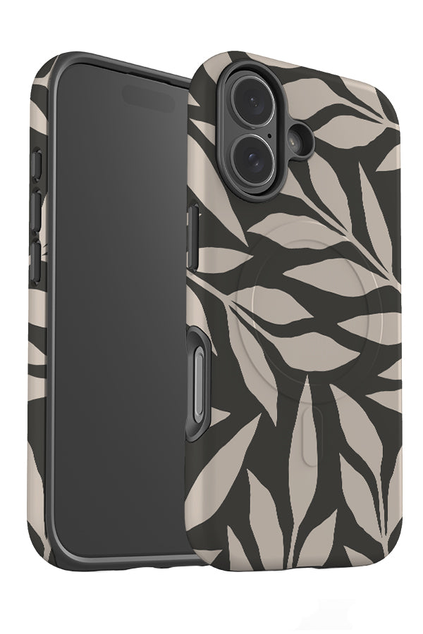 still leaf MagSafe phone case angle detail with off white hand drawn leaves on a black background
