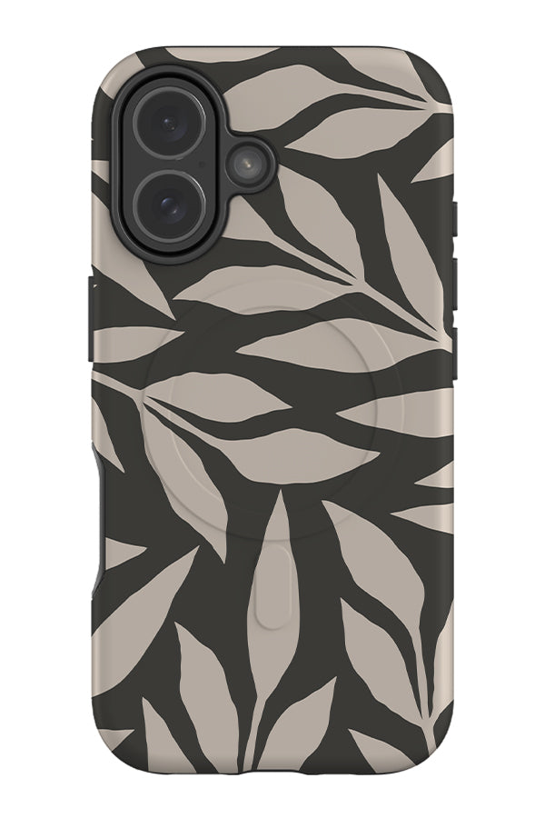still leaf MagSafe phone case with off white hand drawn leaves on a black background