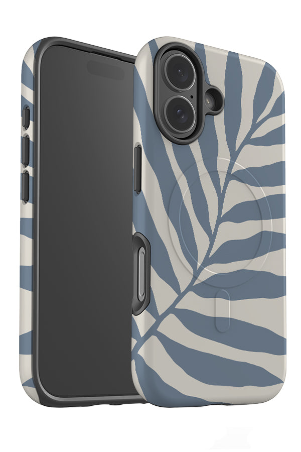 Still leaf placement MagSafe phone case angle detail with a large blue leaf illustration