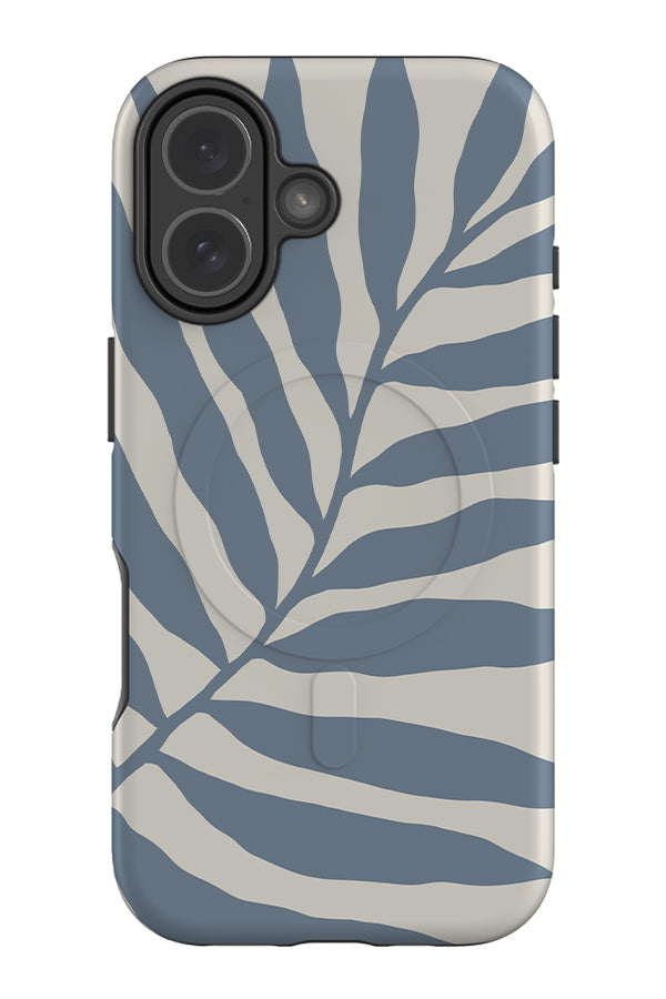 Still leaf placement MagSafe phone case with a large blue leaf illustration