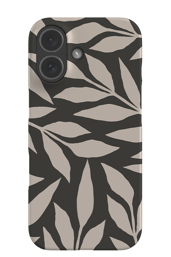 still leaf snap phone case with off white hand drawn leaves on a black background