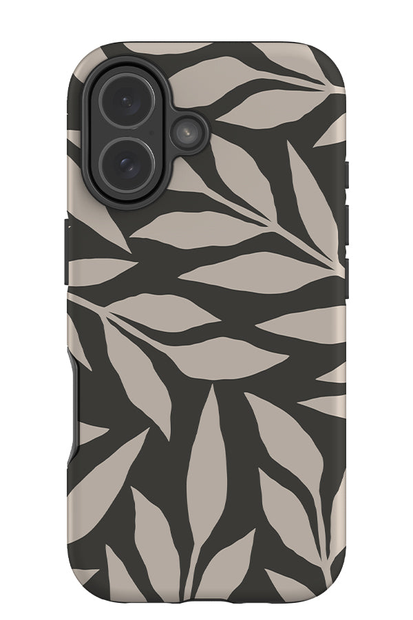 still leaf tough phone case with off white hand drawn leaves on a black background