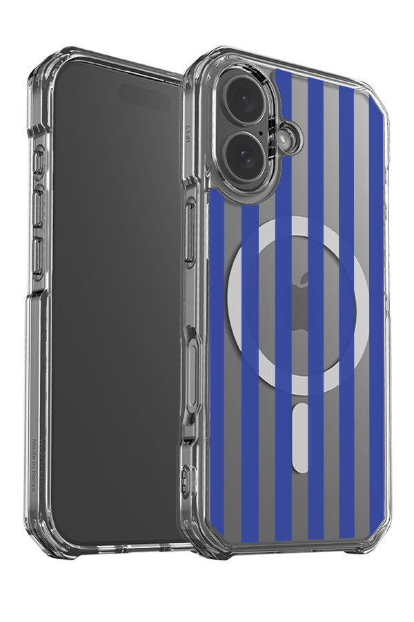 Still Line stripe clear impact MagSafe phone case angle detail with a blue linear pattern