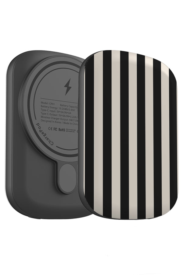 still line MageSafe ChargePod power bank angle view with uniform black and beige stripes