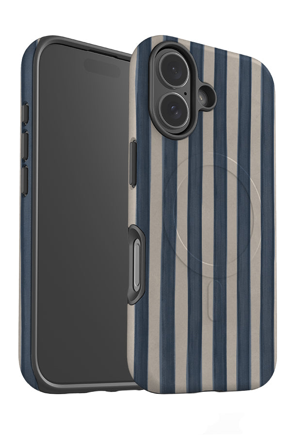 Still marker line MagSafe phone case angled with a linear hand drawn blue and beige pattern